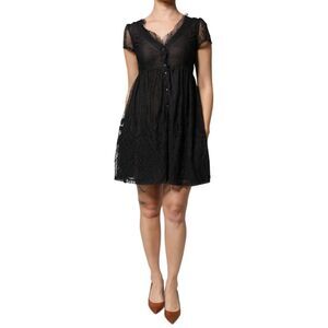 Blugirl Black Short Sleeves Floral Lace Trim A-line Mini Women's Dress